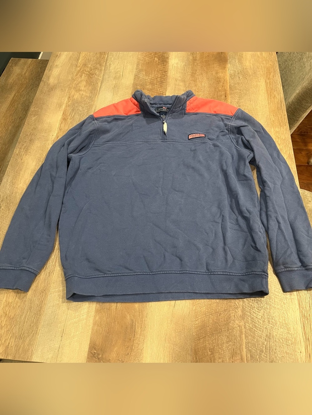 Vineyard Vines Men’s Navy Quarter-Zip Sweater with Coral Shoulder Panels Size L